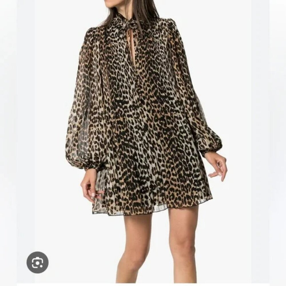 Ganni Georgette Mini Dress Leopard Print Long Sleeve Dress